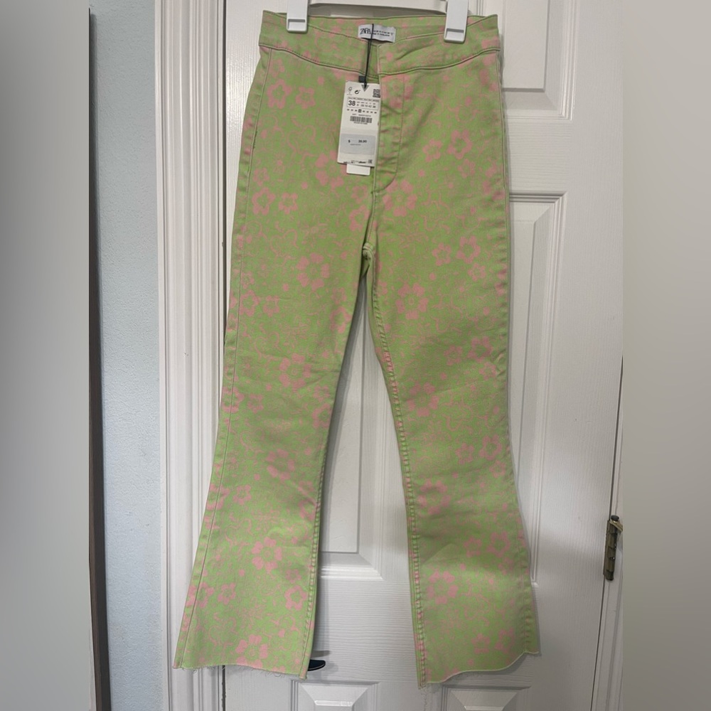 Zara denim pants green with pink flowers print